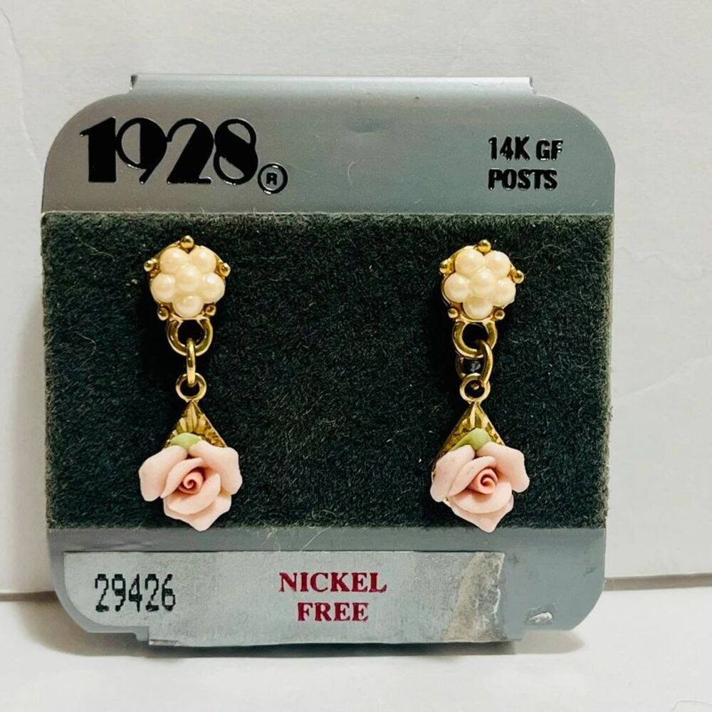 1928 Genuine Porcelain Pink Rose Dangle Earrings 14K GF Posts, Vintage